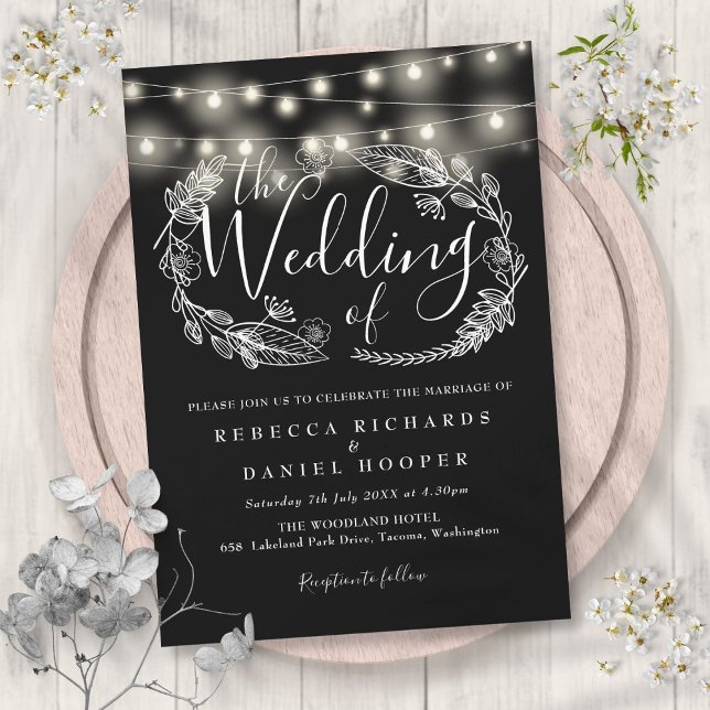 Invitación Boda De Guiones De Leyendas En Blanco Y Negro (Black And White String Lights Script Wedding Invitation)