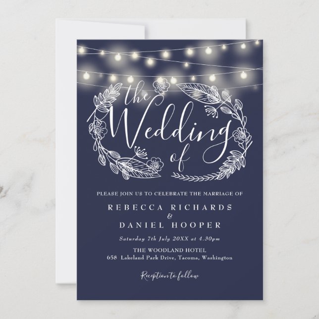 Invitación Boda de guiones de luces de cadena azul de la mari (Anverso)