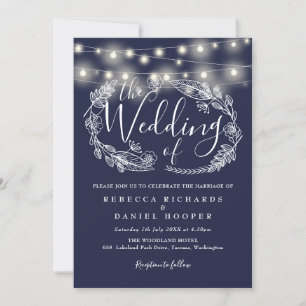 Invitación Boda de guiones de luces de cadena azul de la mari