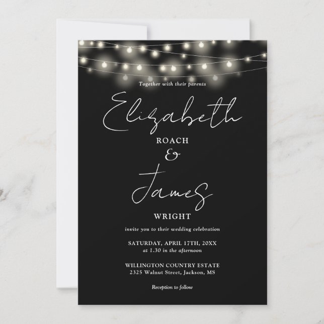 Invitación Boda De Guiones De Moda De Las Luces De Cadena Neg (Anverso)
