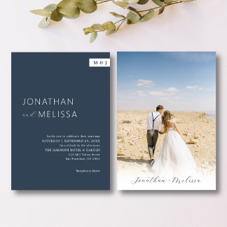 Invitación Boda de guiones de monograma azul de la Marina for