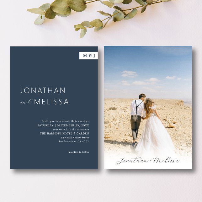 Invitación Boda de guiones de monograma azul de la Marina for (Subido por el creador)