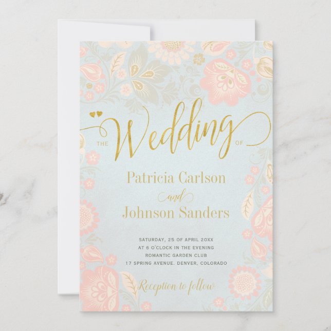 Invitación Boda de guiones de oro de crema y primavera azul (Anverso)