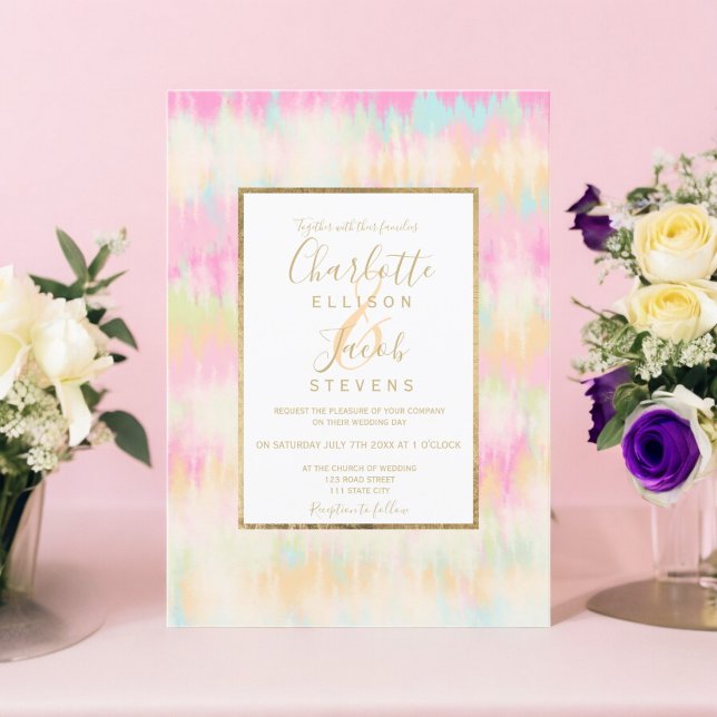 Invitación Boda de guiones de oro de moda hippie pastel de ti (Tie dye pastel hippie chic gold script wedding invitation)