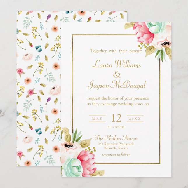 Invitación Boda de guiones de oro de Peony Pastel Waterphones (Anverso / Reverso)