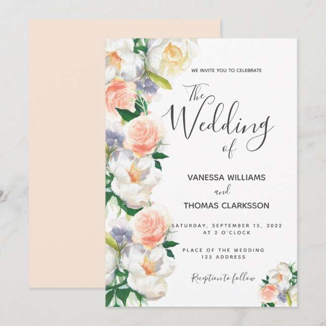 Invitación boda de guiones de oro de rosa blanca de Rubor (Anverso / Reverso)