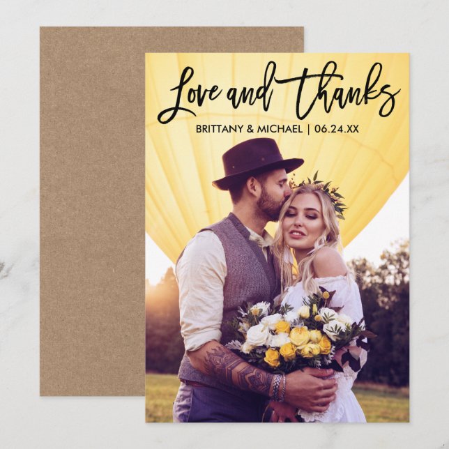 Invitación Boda de guiones de pincel Foto Kraft Gracias Tarje (Anverso / Reverso)