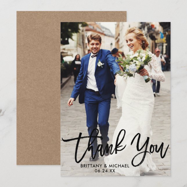 Invitación Boda de guiones de pincel Foto Kraft Gracias Tarje (Anverso / Reverso)
