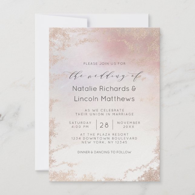 Invitación Boda de guiones de Relieve metalizado rosado de Ru (Anverso)