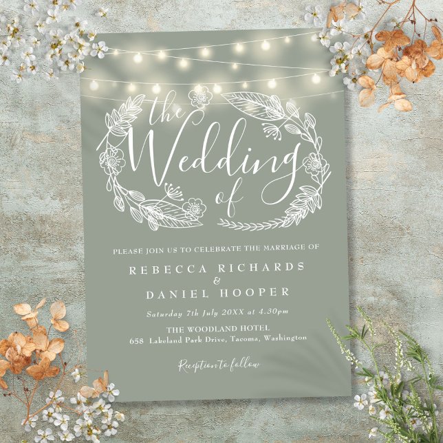 Invitación Boda de guiones de Sage Green String Lights (Sage Green String Lights Script Wedding Invitation)