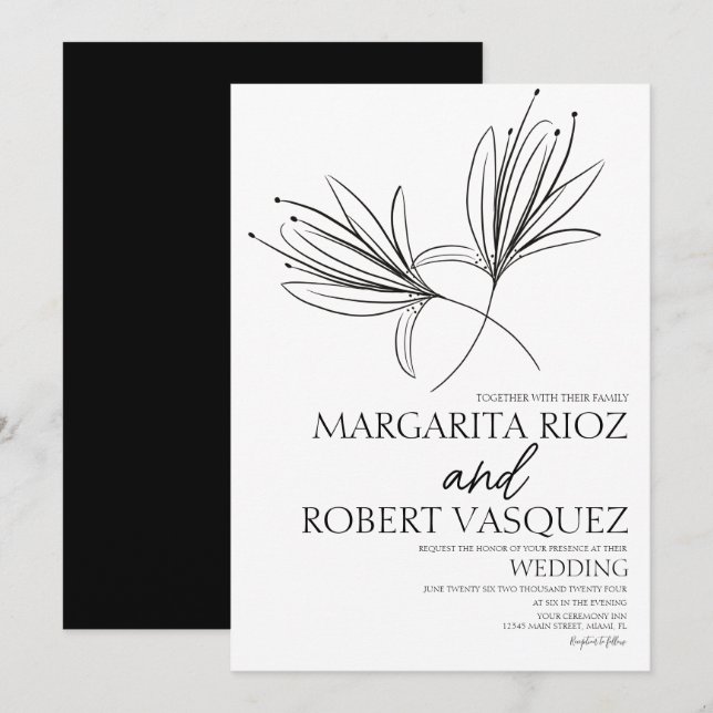 Invitación Boda de guiones dibujado por mano de Lily Floral (Anverso / Reverso)