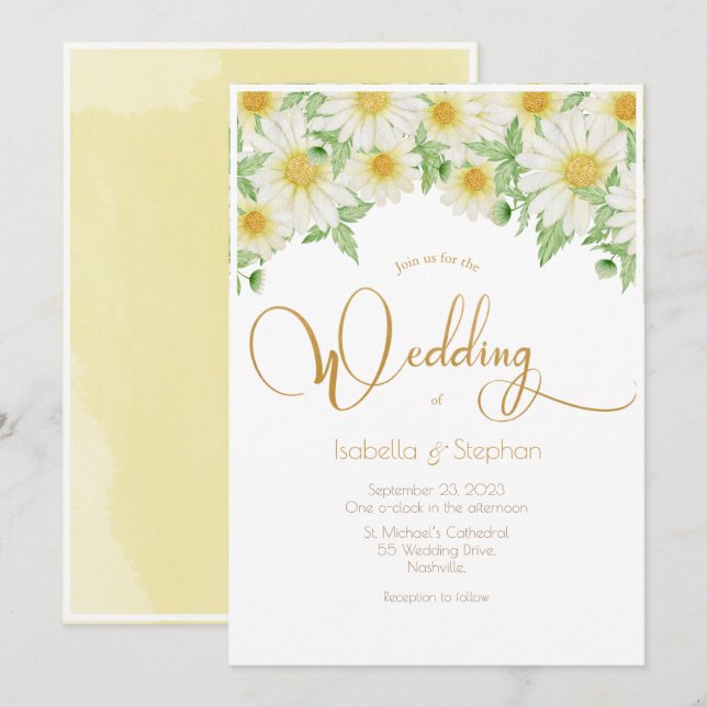 Invitación Boda de guiones florales amarillos blancos Daisies (Anverso / Reverso)