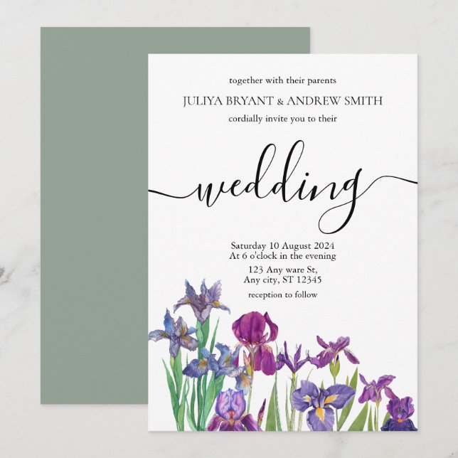 Invitación Boda de guiones florales únicos de Saga Green (Anverso / Reverso)