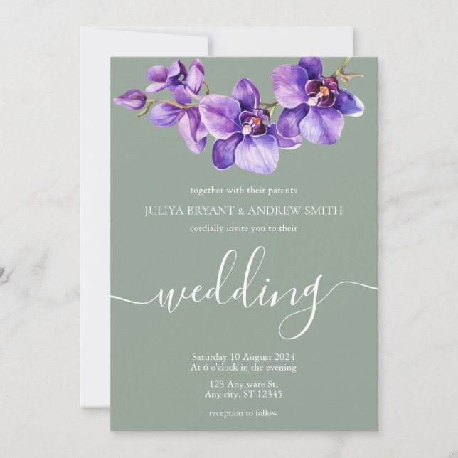 Invitación Boda de guiones florales únicos de Saga Green (Anverso)