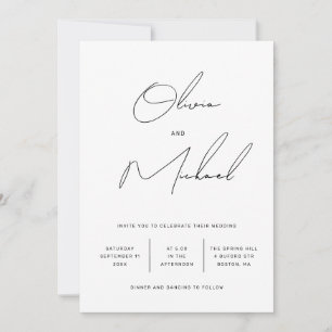 Invitación Boda de guiones minimalista en blanco y negro + QR