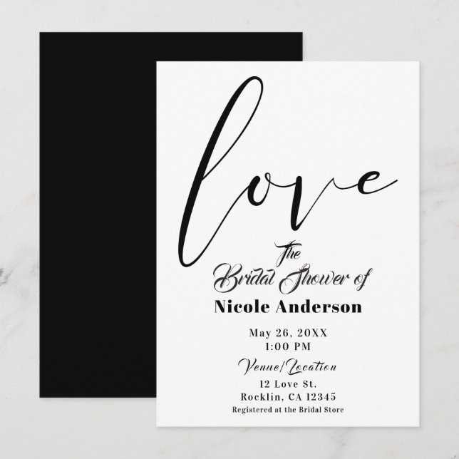 Invitación Boda de guiones modernos de amor negro y blanco (Anverso / Reverso)