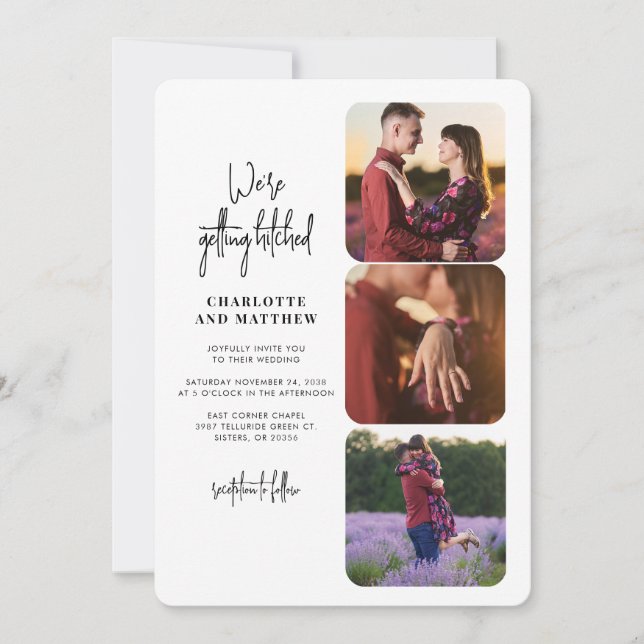 Invitación Boda de guiones modernos de collage de fotos (Anverso)