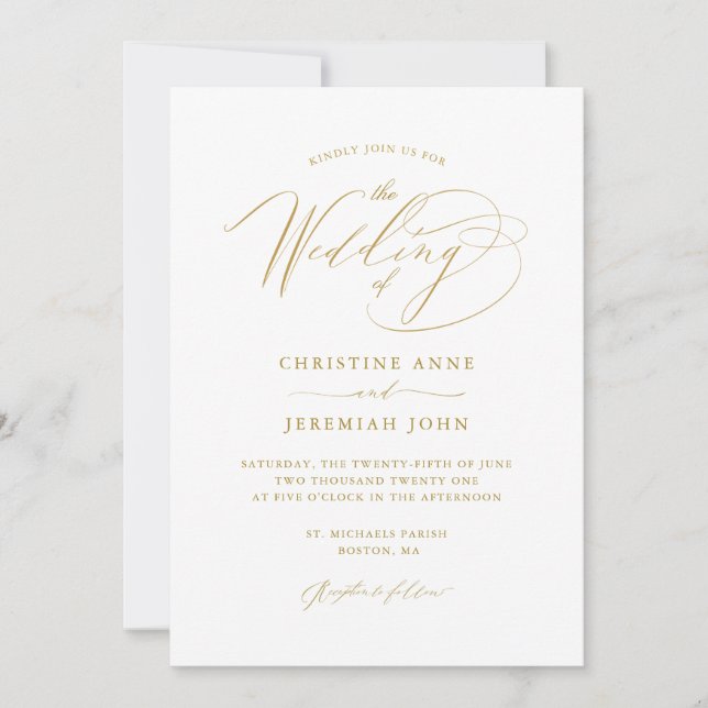 Invitación Boda de guiones modernos y blancos de oro simple (Anverso)