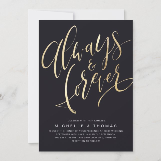 Invitación Boda de guiones siempre y para siempre de oro y ne (Anverso)