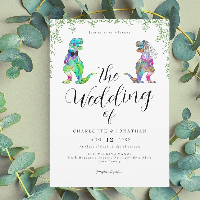 Invitación Boda de guiones temáticos de dinosaurios (Stylish Script dinosaur theme wedding invitation)