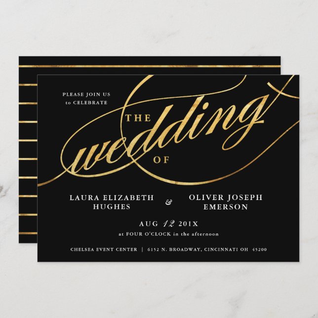 Invitación Boda de guiones únicos y modernos en negro y oro (Anverso / Reverso)