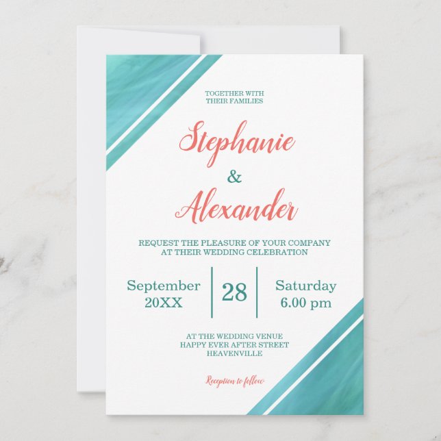 Invitación Boda de guiones Verde azulados de coral (Anverso)