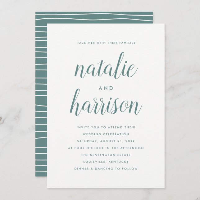 Invitación Boda de guiones Verde azulados simple y moderno (Anverso / Reverso)