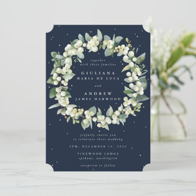 Invitación Boda de guirnalda azul de la marina + eucalipto (Anverso de pie)