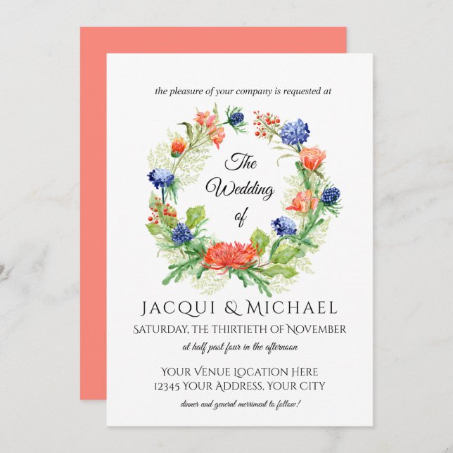 Invitación Boda de guirnalda azul en crisantemo coral (Anverso / Reverso)