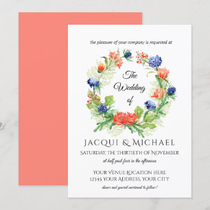 Invitación Boda de guirnalda azul en crisantemo coral