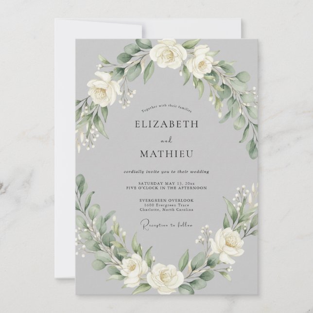 Invitación Boda de guirnalda de flor gris (Anverso)