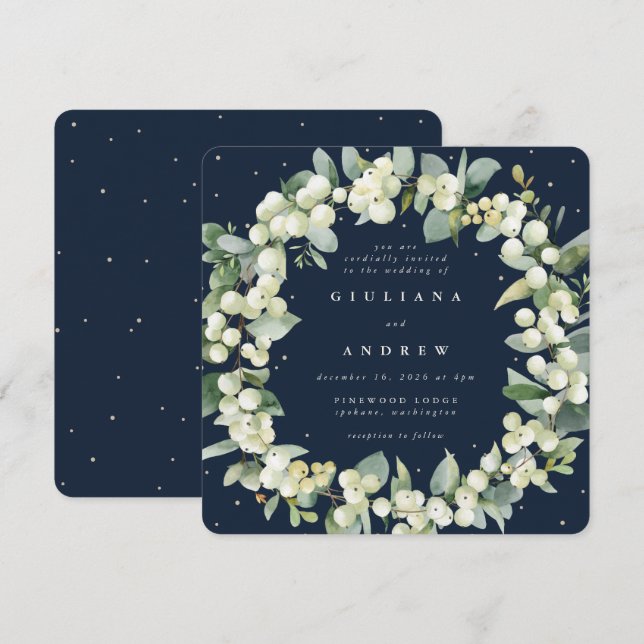 Invitación Boda de guirnalda de la marina cuadrada Snowberry+ (Anverso / Reverso)