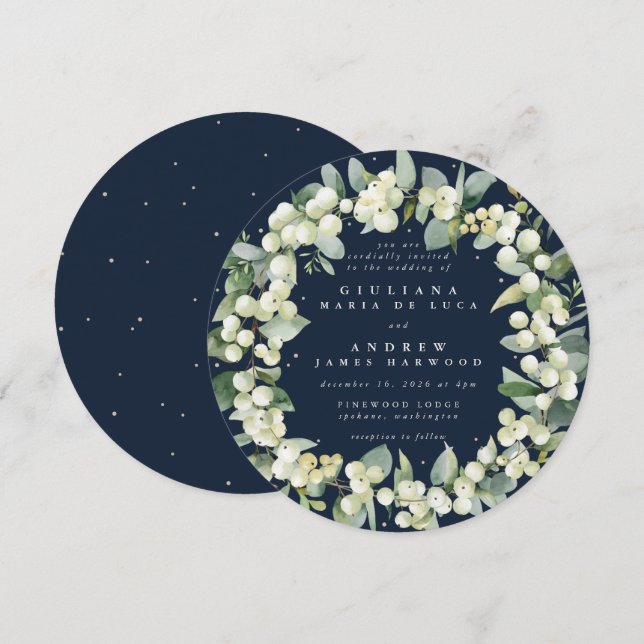 Invitación Boda de guirnalda de la marina redonda Snowberry+E (Anverso / Reverso)