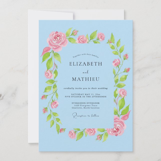 Invitación Boda de guirnalda de rosa azul cielo (Anverso)