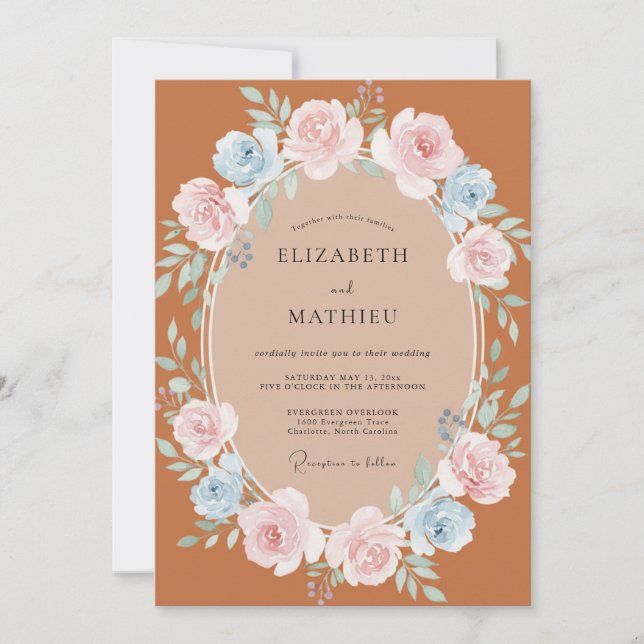 Invitación Boda de guirnalda de rosa de terracota (Anverso)