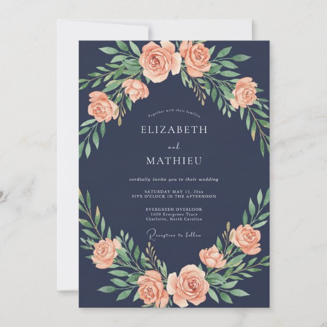 Invitación Boda de guirnalda de rosa rosada naval (Anverso)