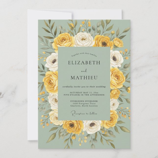 Invitación Boda de guirnalda floral amarilla dorada (Anverso)