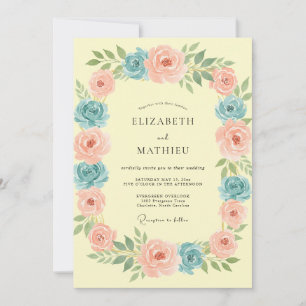 Invitación Boda de guirnalda floral azul melocotón