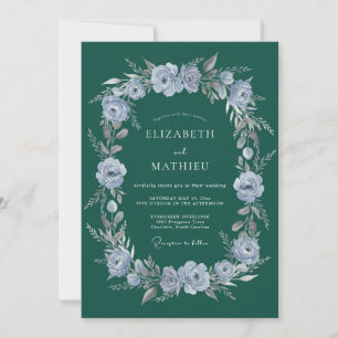 Invitación Boda de guirnalda floral azul polvoriento turquesa