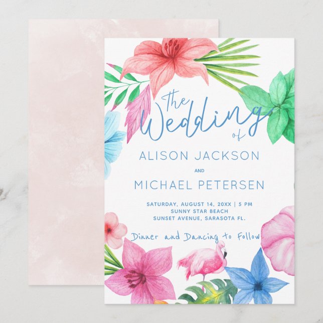 Invitación Boda de guirnalda floral azul rosa (Anverso / Reverso)