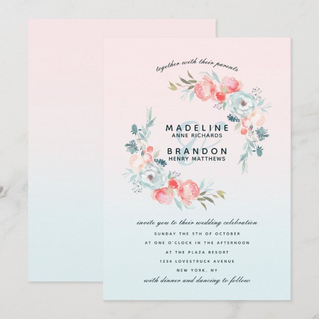Invitación Boda de guirnalda floral de jardín francés rosa Om (Anverso / Reverso)