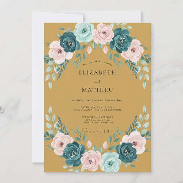 Invitación Boda de guirnalda floral etérea ocre (Anverso)