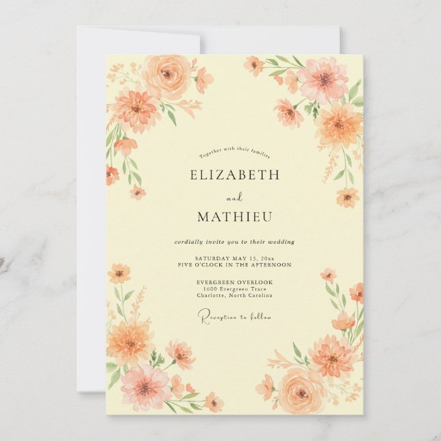 Invitación Boda de guirnalda floral pintoresca de melocotón (Anverso)
