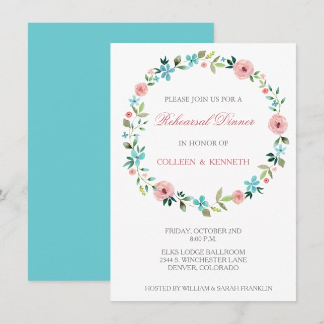 Invitación Boda de guirnalda floral rosa azul ensayar cena (Anverso / Reverso)