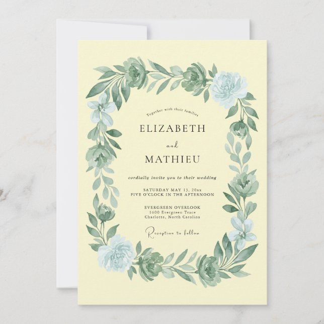 Invitación Boda de guirnalda verde azul pálido (Anverso)