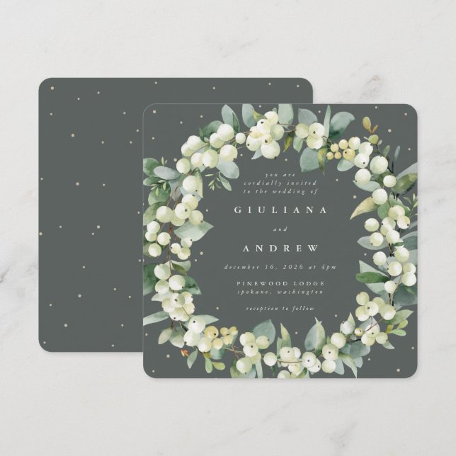 Invitación Boda de guirnalda verde cuadrado + eucalipto (Anverso / Reverso)