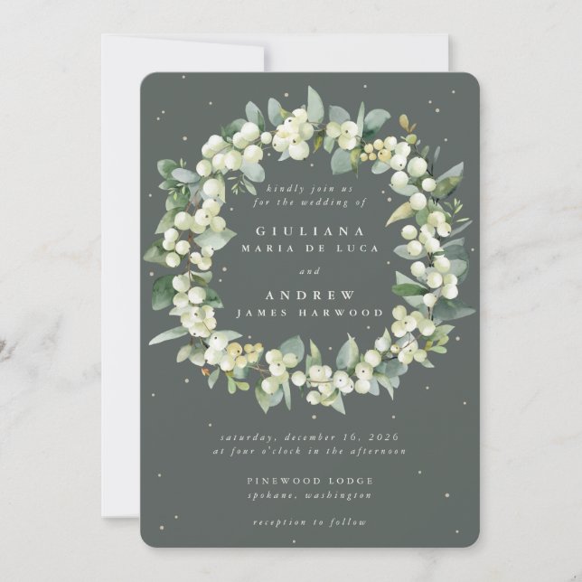 Invitación Boda de guirnalda verde gris + eucalipto (Anverso)