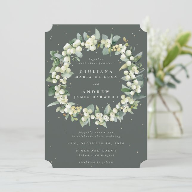 Invitación Boda de guirnalda verde gris + eucalipto (Anverso de pie)