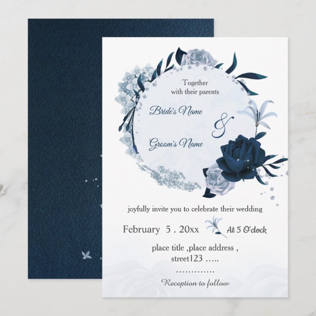 Invitación boda de guirnaldas botánicas con flores azul polvo (Anverso / Reverso)