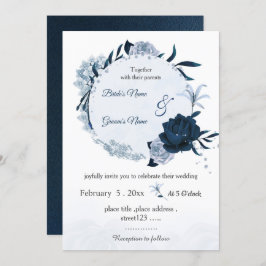 Invitación boda de guirnaldas botánicas con flores azul polvo